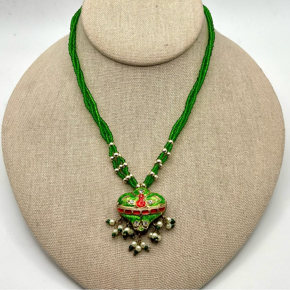 Gorgeous Green Bollywood Style Indian Necklace Handcrafted Enamel Seed Beads - Picture 2 of 16